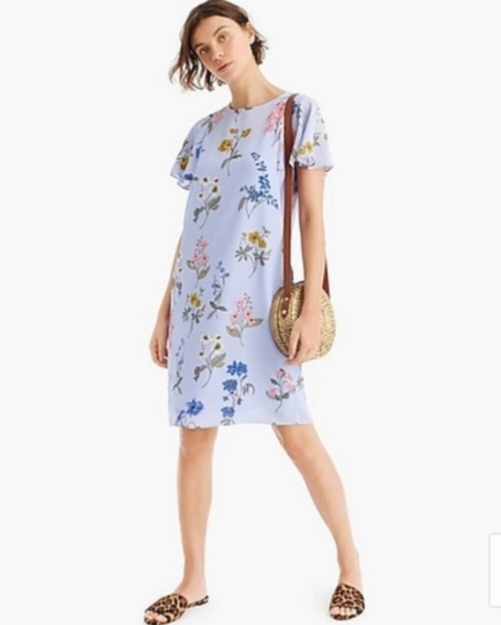 J.CREW Silk Dress Tropical Floral Print Size S Blue Multicolor Ruffle Sleeves